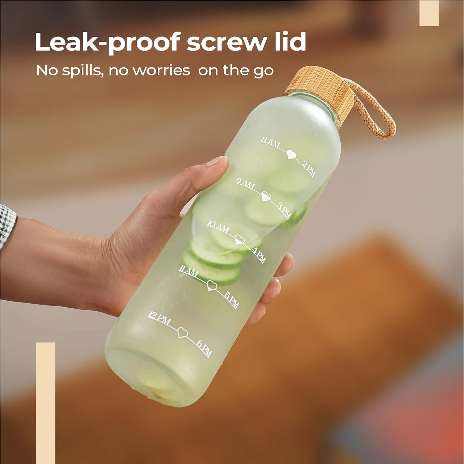 Lifelong 1L Motivational Water Bottle | Transparent Frosted Glass with Time Marker | Leak Proof Screw Lid with Carry Loop | BPA Free | Reusable Drinking Bottle for Office, School, College, & Travel