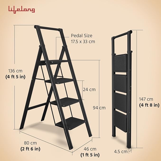Lifelong 4 Step Steel Ladder with Handle, Foldable Portable Stool for Home, Kitchen & Office Use