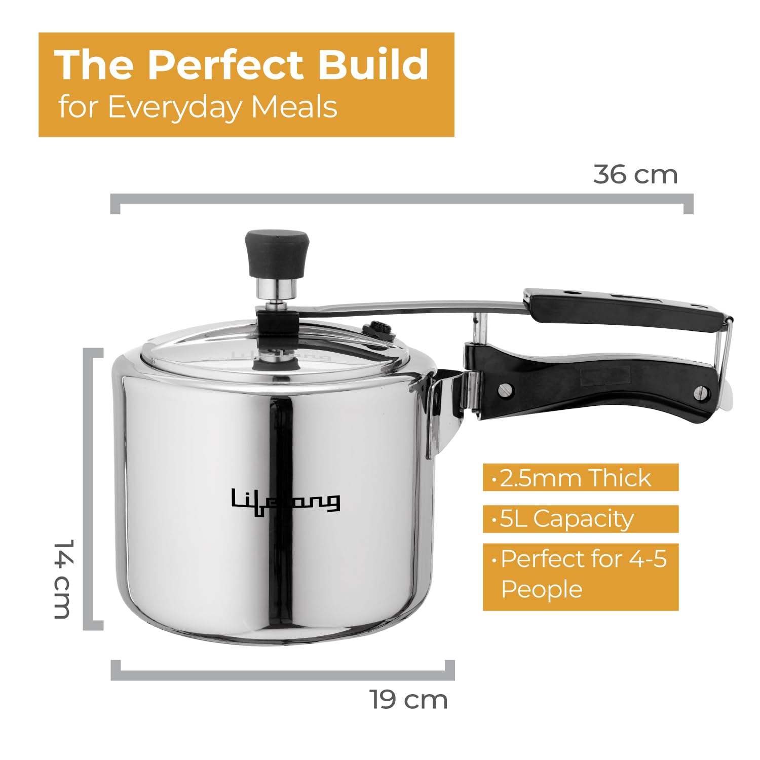 Lifelong 5L Tri Ply Stainless Steel Pressure Cooker | Inner Lid Design | Silicone Gasket | Induction & Gas Compatible for Rice, Dal, Rajma, Chole | 2.5mm Thick | Faster, Even Heating | ISI- Certified