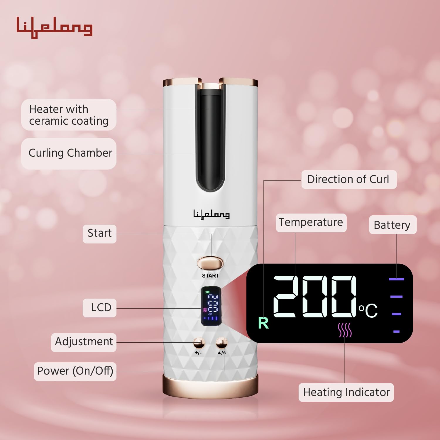 Lifelong Automatic Hair Curler | Cordless, Rechargeable & Adjustable Heat Styling Tool