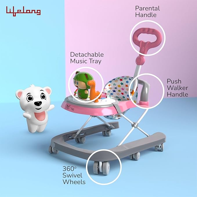Lifelong Cuppy 3-in-1 Baby Walker for 6-24 Months | Adjustable Height Walker with Parental Handle | Musical Piano, Feeding Tray & Padded Seat for Comfort