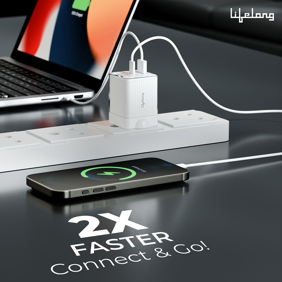 45W GaN Fast Charger with PD – Dual Port USB-A & Type-C (Glacier White)