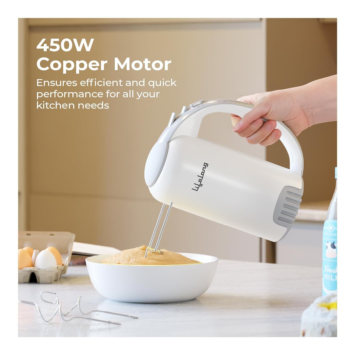Lifelong 450W Hand Mixer with Beaters & Dough Hooks | 5-Speed Control with Turbo Boost | Low Noise 100% Copper DC Motor | Large Eject Button | Electric Beater for Cake, Dough, Cream & More