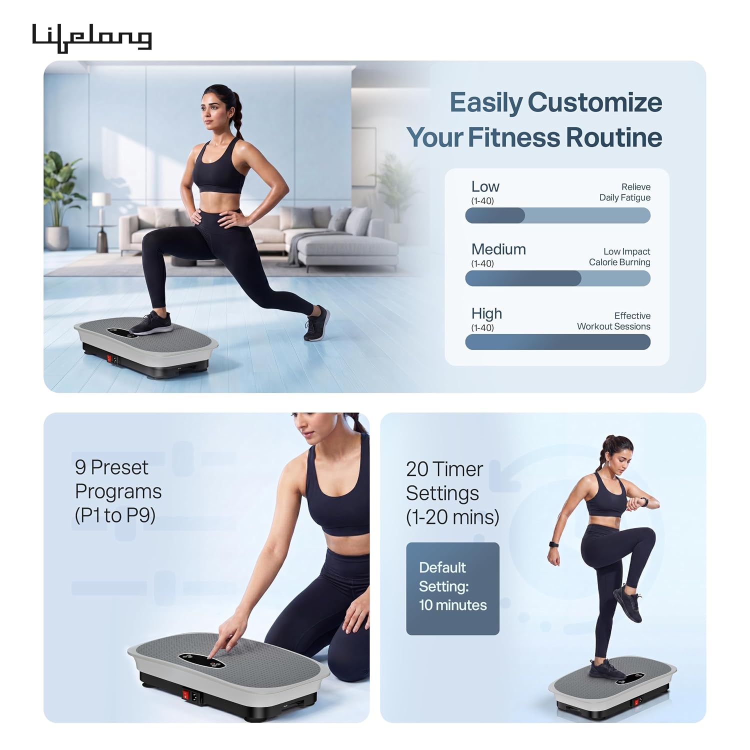 Lifelong Vibration Plate Exercise Machine with Remote & Resistance Bands |Home & Gym Full Body Massager Machine for Pain Relief, Tone Muscles & Weight Loss| 9Programs, 120Speeds, 20Timers, Bluetooth