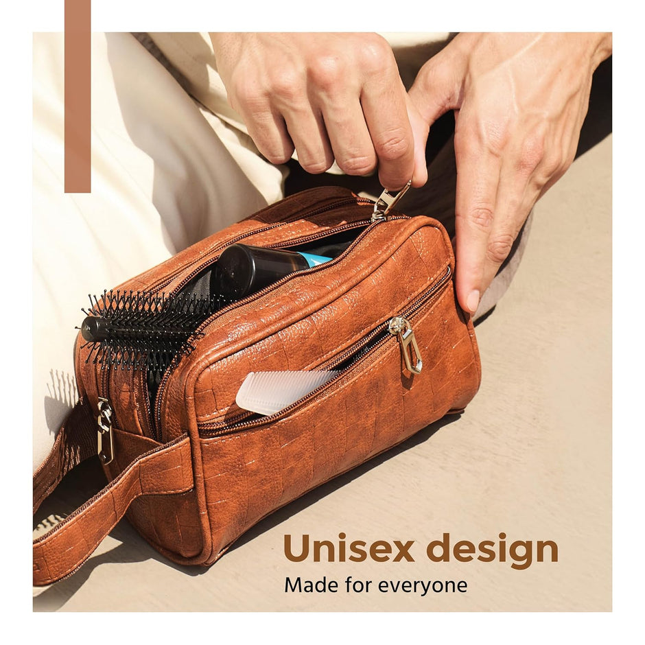 Lifelong Toiletry Bag for Men & Women | Vegan Leather Travel Pouch & Organizer | Shaving Kit, Grooming & Makeup Pouch | Cosmetic Toiletry Bag for Travel, Gym, Daily Use & Travel Accessories (Tan)