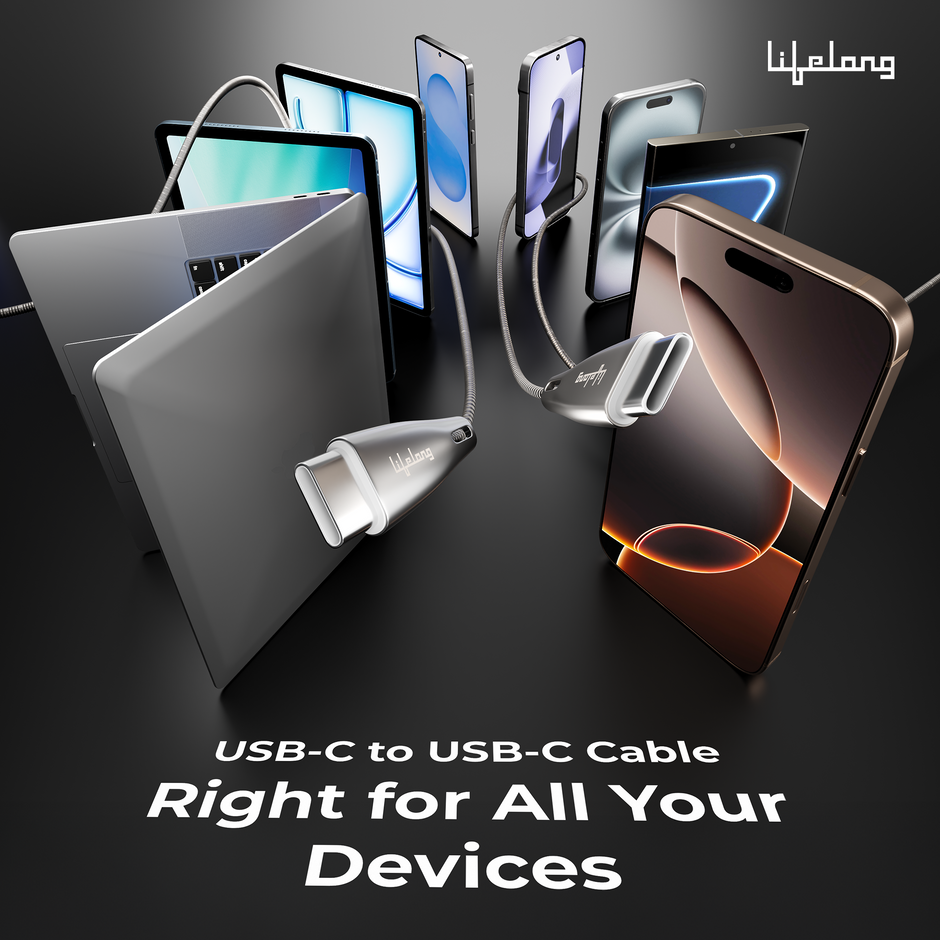 Lifelong 60W PD USB Type C to Type C Metal Coiled Fast Charging Cable | High Speed Data Cable | Aluminum Alloy & Tangle Free | iPhone 16/15/14, Android, Laptop, Tablet etc. | 1.25M