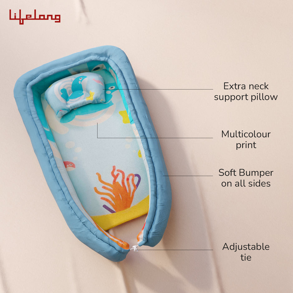 Lifelong Cuppy Newborn Baby Nest Bed with Headrest | Reversible, Foldable & Adjustable Infant Sleeping Bed | Soft Cotton Mattress for 0–2 Years