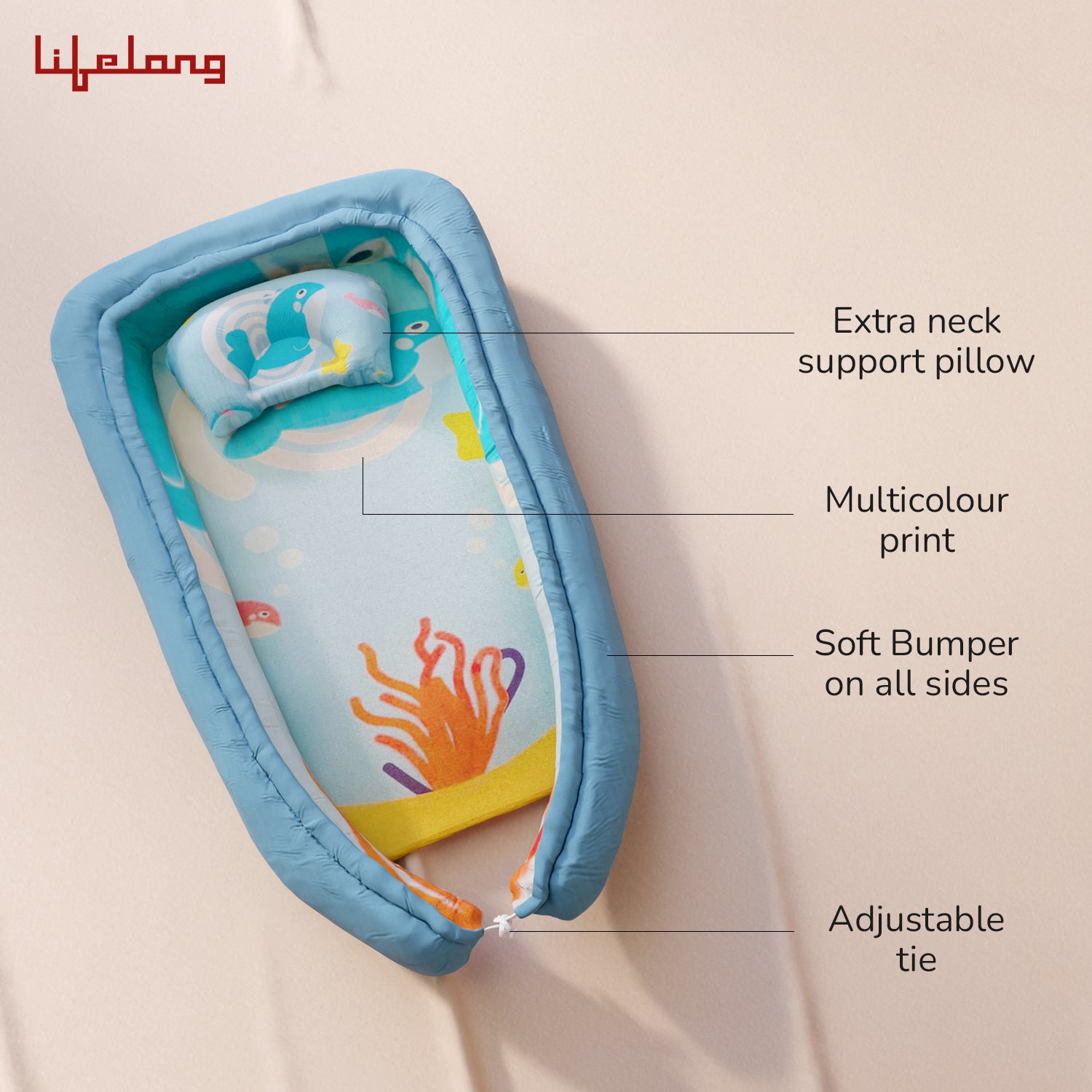 Lifelong Cuppy Newborn Baby Nest Bed with Headrest | Reversible, Foldable & Adjustable Infant Sleeping Bed | Soft Cotton Mattress for 0–2 Years