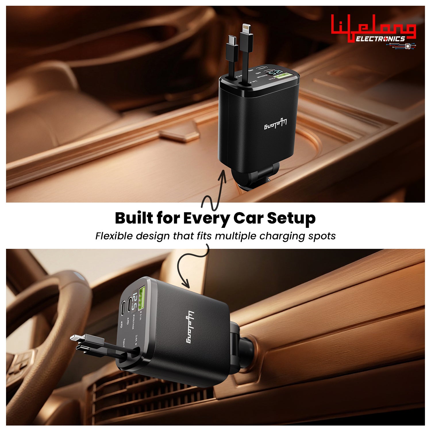 Lifelong Electronics 5-in-1 Car Charger Adapter | 2 Retractable Cables (Type-C & Lightning) + 3 Ports (USB A + 2 Type C) | LED Display | Flexible Head | Fast Charging for iPhone, Android & All Devices