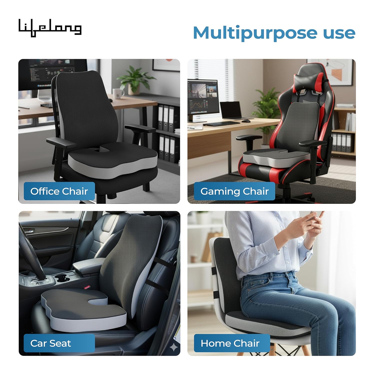 Lifelong Backrest & Seat Cushion Combo for Pain Relief