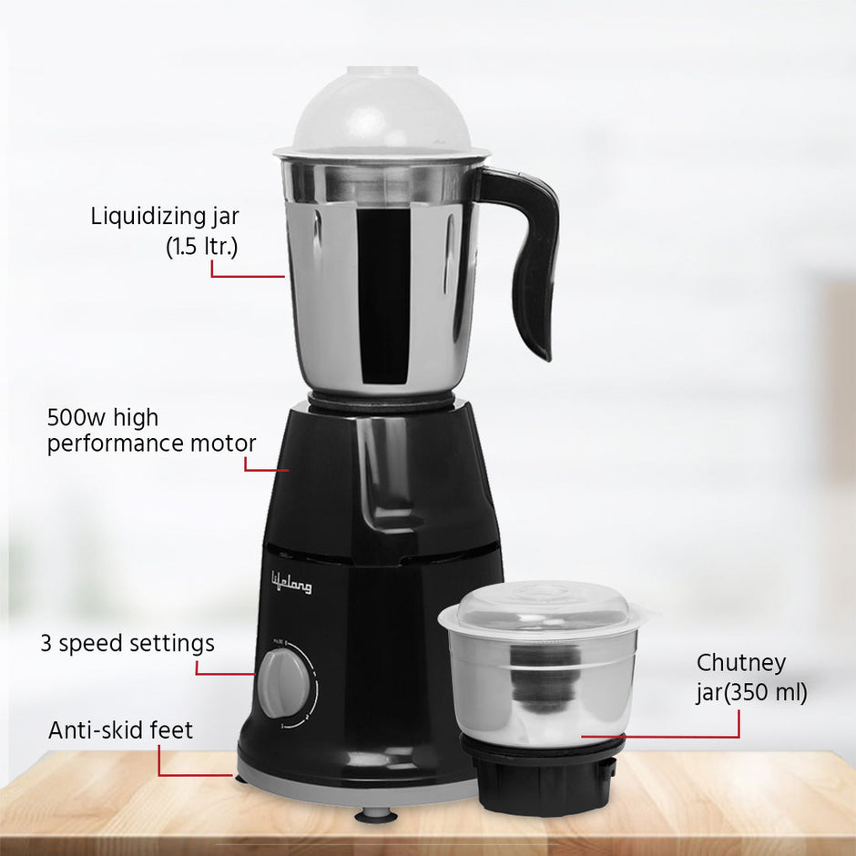 Lifelong LLMG93 Mixer Grinder with 2 Jars, 500W, Stainless Steel Blades, 1-Year Warranty