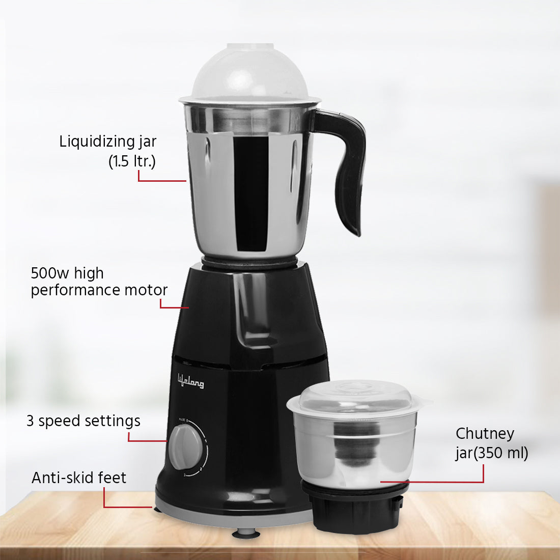 Lifelong LLMG93 Mixer Grinder with 2 Jars, 500W, Stainless Steel Blades, 1-Year Warranty