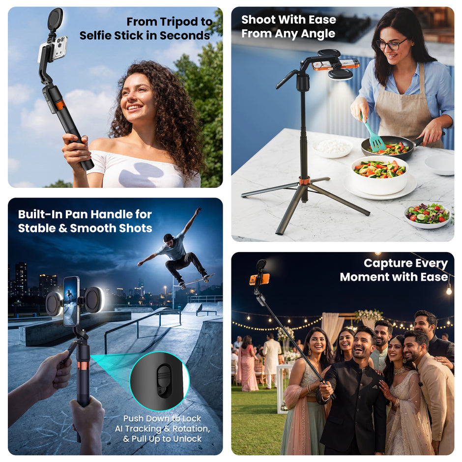 Lifelong Electronics AI Powered Selfie Stick Tripod 183CM/72 Inches | Auto Face Tracking | Quad Leg Stability Mobile Stand for Desk with Dual Influencer Light (5W) | Tripod Stand for Phone & Camera