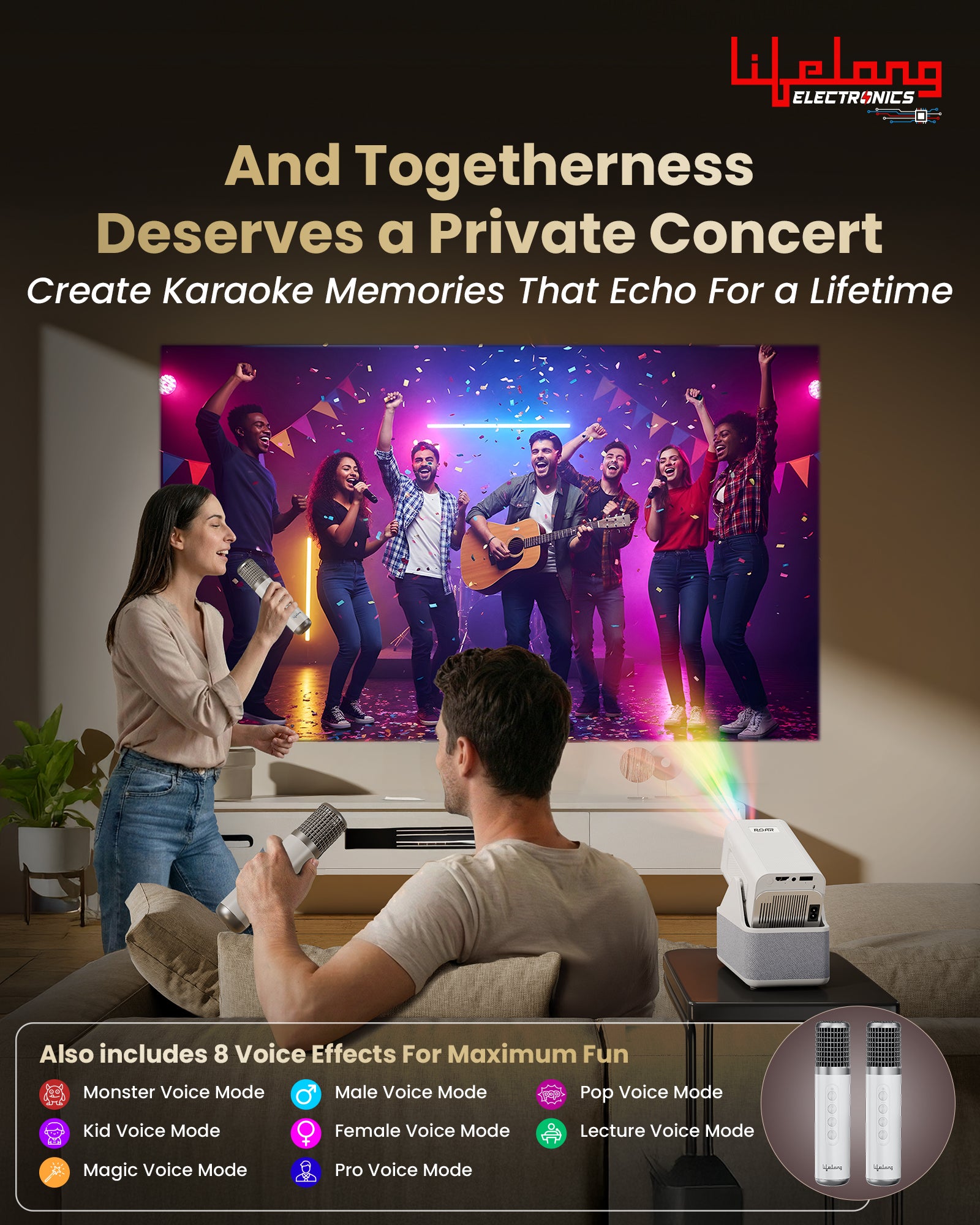 Lifelong Electronics ROAR Projector with 2 Mics | Booming 20W Speakers | Cricket Commentary, Karaoke Party & Room Cinema | 1080P & 4K Ultra HD Support | All Android OTT Apps | Ultra Bright 150” Screen