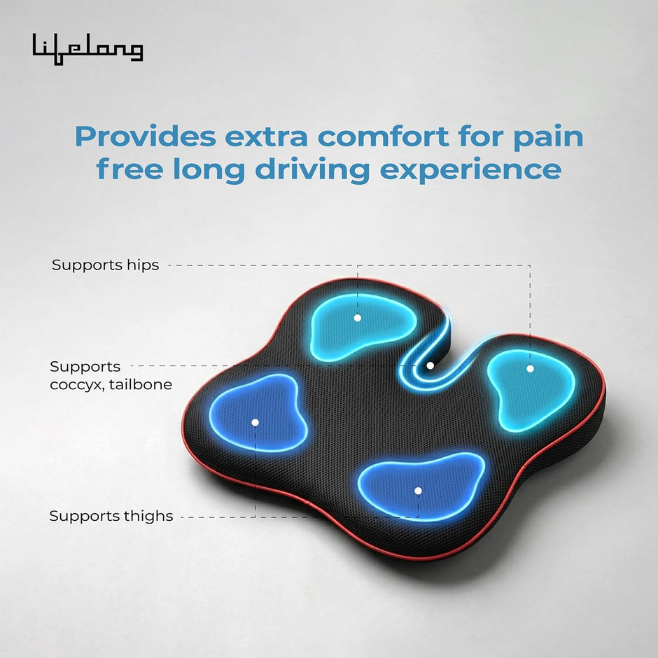 Lifelong Car Seat Cushion for Driving | 100% Memory Foam Sciatica & Tailbone Pain Relief | Orthopedic Pillow with Non-Slip Base, Washable Cover | Office Chair & Truck Compatible (LLCC13)
