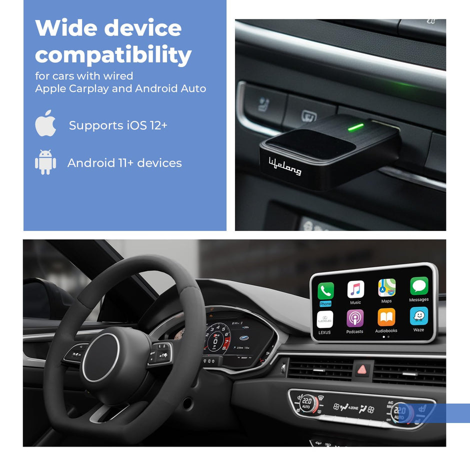 Lifelong 2-in-1 Wireless CarPlay & Android Auto Adapter | Dual Phone Connection, Plug & Play USB Type-A to C, iOS & Android Compatibility, Support OEM Controls |Stick Cast - Bluetooth 5.4 & WiFi 6
