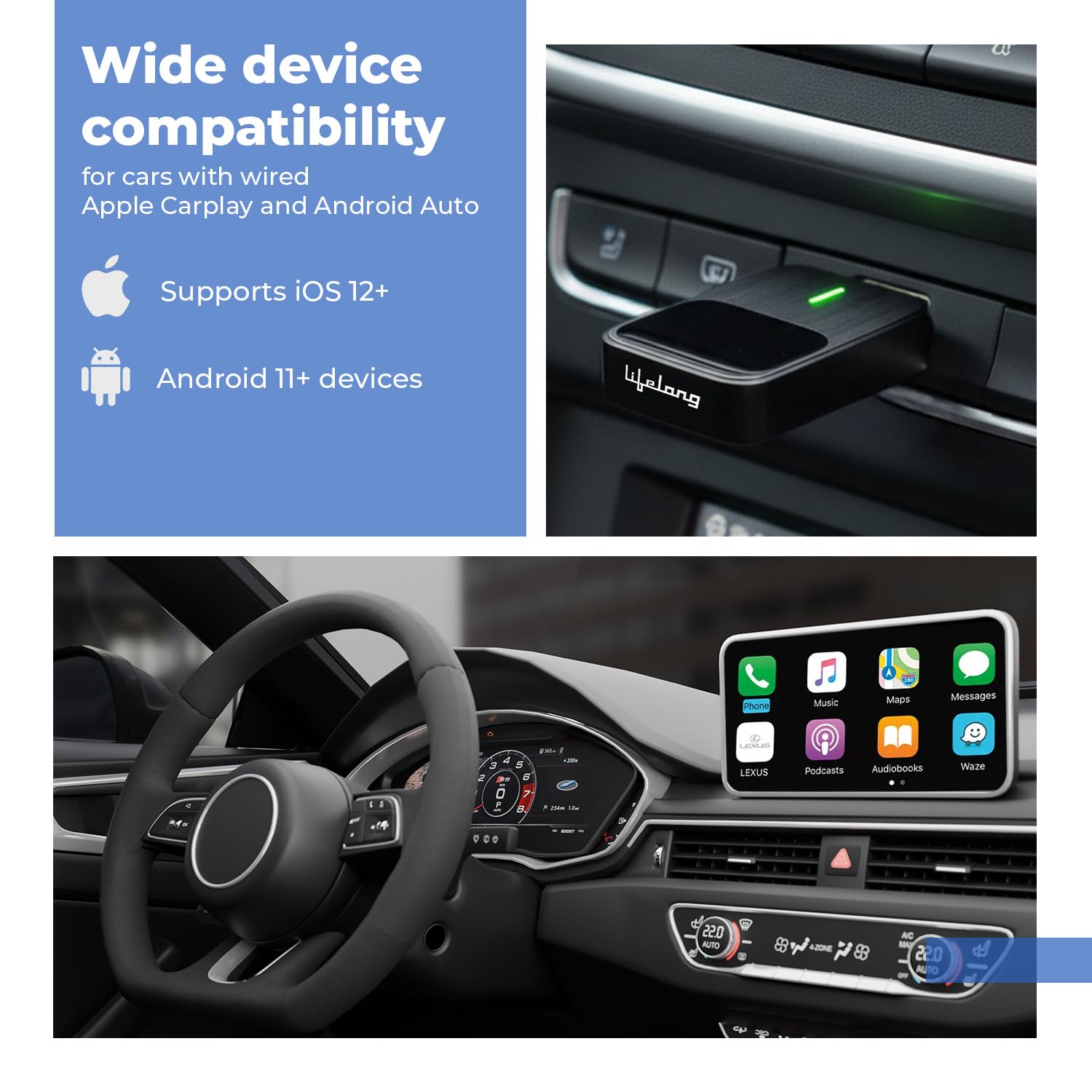 Lifelong 2-in-1 Wireless CarPlay & Android Auto Adapter | Dual Phone Connection, Plug & Play USB Type-A to C, iOS & Android Compatibility, Support OEM Controls |Stick Cast - Bluetooth 5.4 & WiFi 6