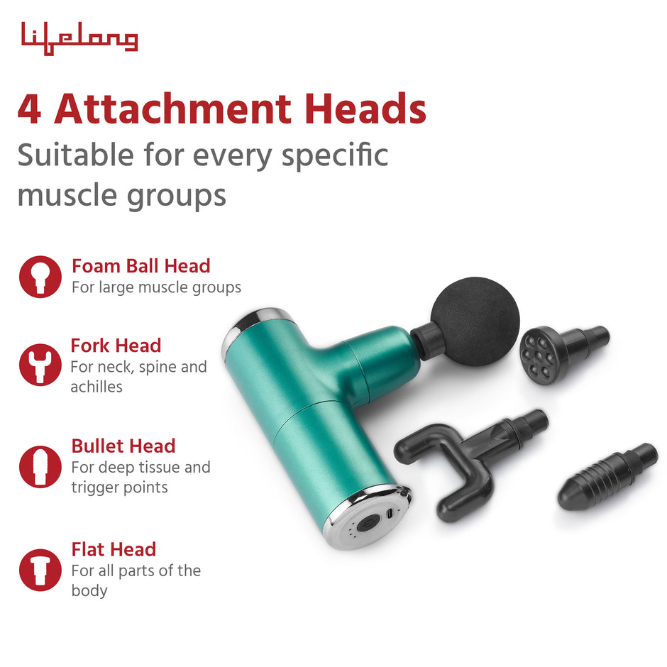 Lifelong Wireless Powerful Gun Massager with 4 Heads|Deep Tissue Percussion Muscle Massager for Pain Relief & Recovery|Portable Handheld Electric Fascial Gun Massager