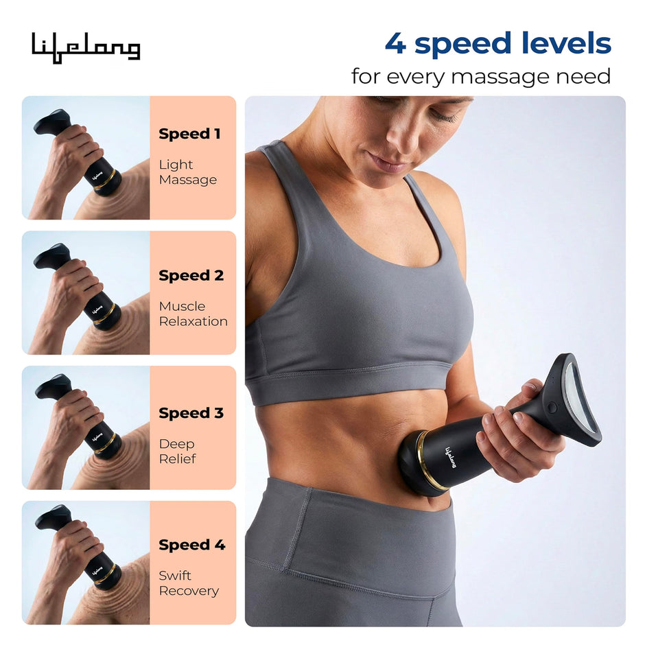 Lifelong Flathead Massager | Rechargeable Body Massager for Pain Relief | 4 Heads for Targeted Therapy | 4 Speed Levels | Heat Therapy | Full Body Electric Percussion Massager for Adults
