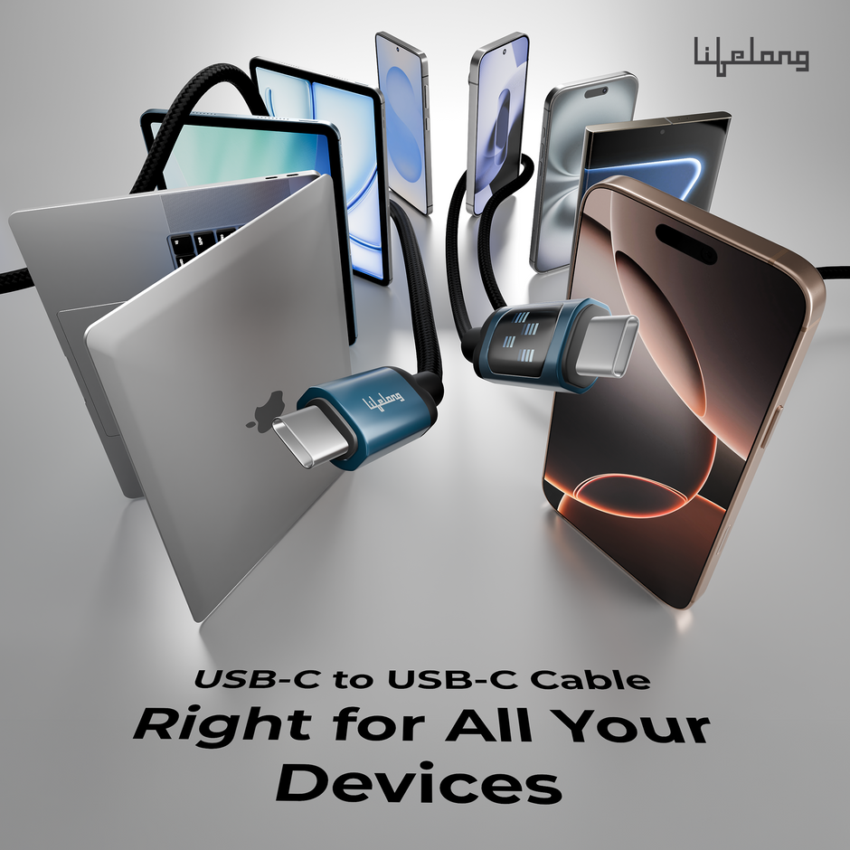 Lifelong Electronics 100W PD USB Type C to Type C Fast Charging Cable with Digital Speed Indicator | High Speed Data Cable | Braided, Tangle Free | iPhone 16/15/14, Android, Laptop, Tablet etc | 1.25M
