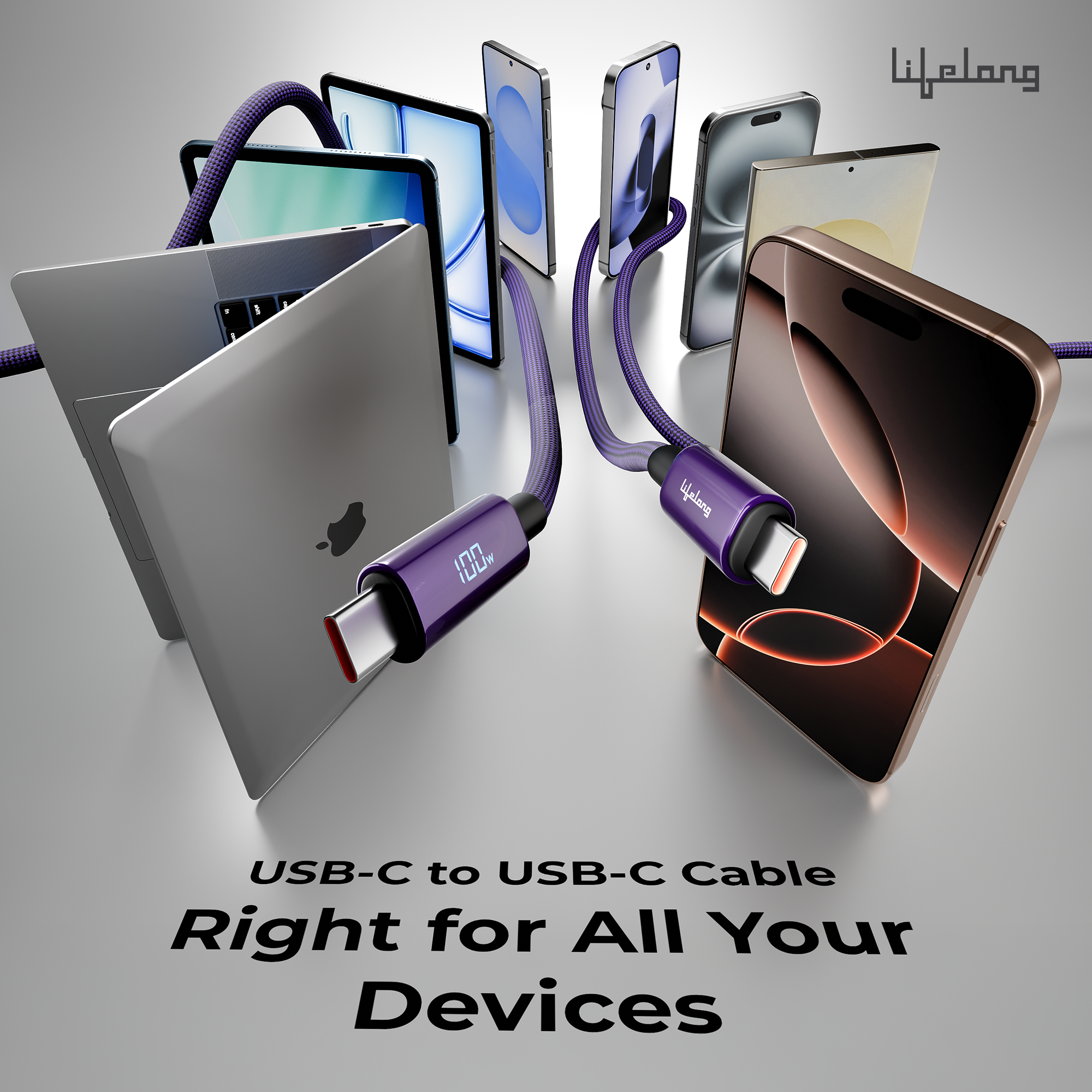 Lifelong Electronics 100W PD USB Type C to Type C Fast Charging Cable with Digital Power Indicator | High Speed Data Cable | Braided, Tangle Free | iPhone 16/15/14, Android, Laptop, Tablet etc | 1.25M