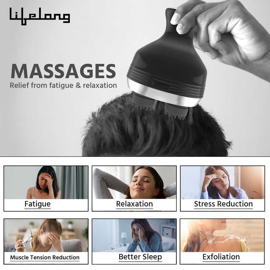 Lifelong Rechargeable Head and Full Body Pain Relief Massager, Electric Kneading Massager With 4 Speed Modes, Handheld Portable Scalp Scratcher for Hair Growth, Deep Clean & Relaxation