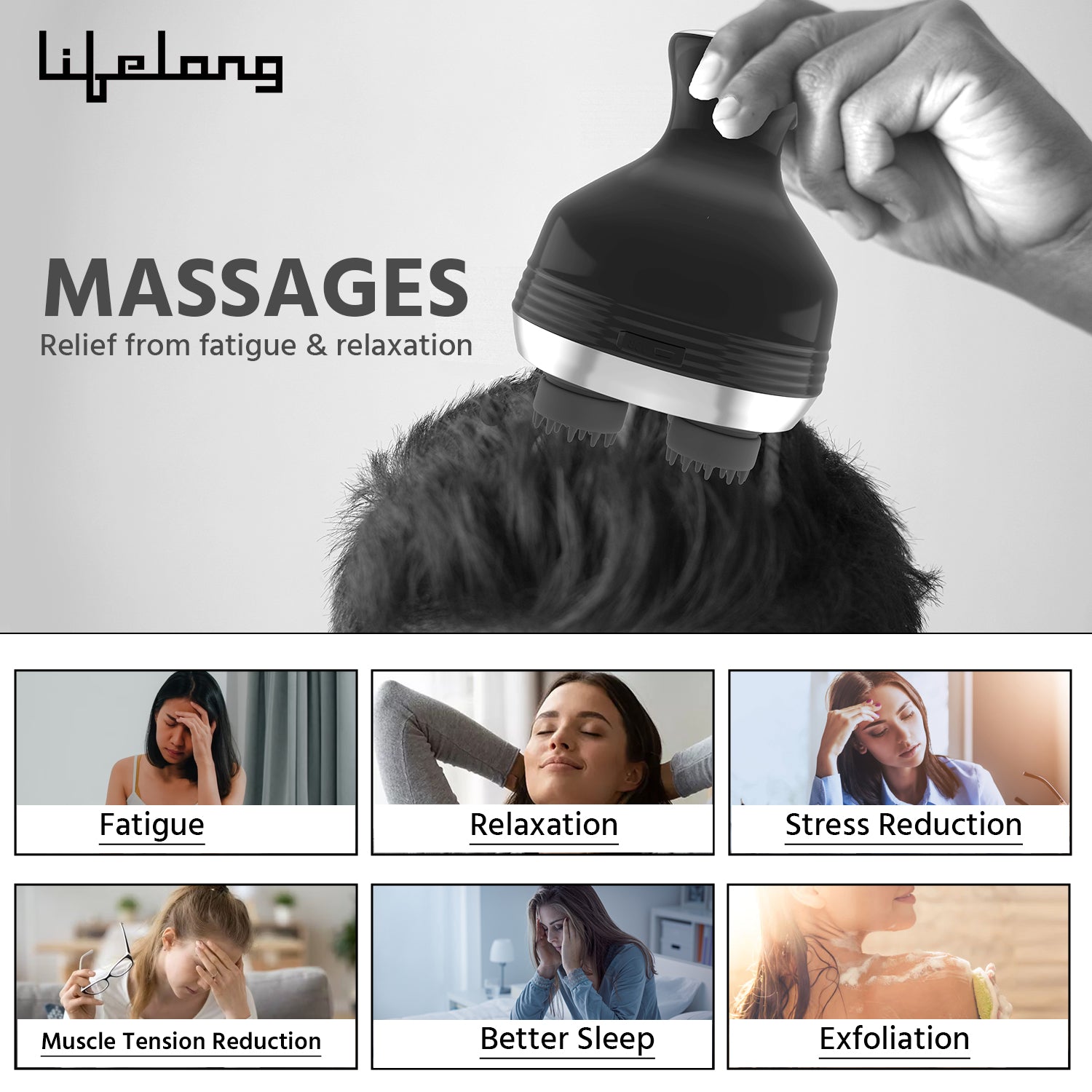 Lifelong Rechargeable Head and Full Body Pain Relief Massager, Electric Kneading Massager With 4 Speed Modes, Handheld Portable Scalp Scratcher for Hair Growth, Deep Clean & Relaxation