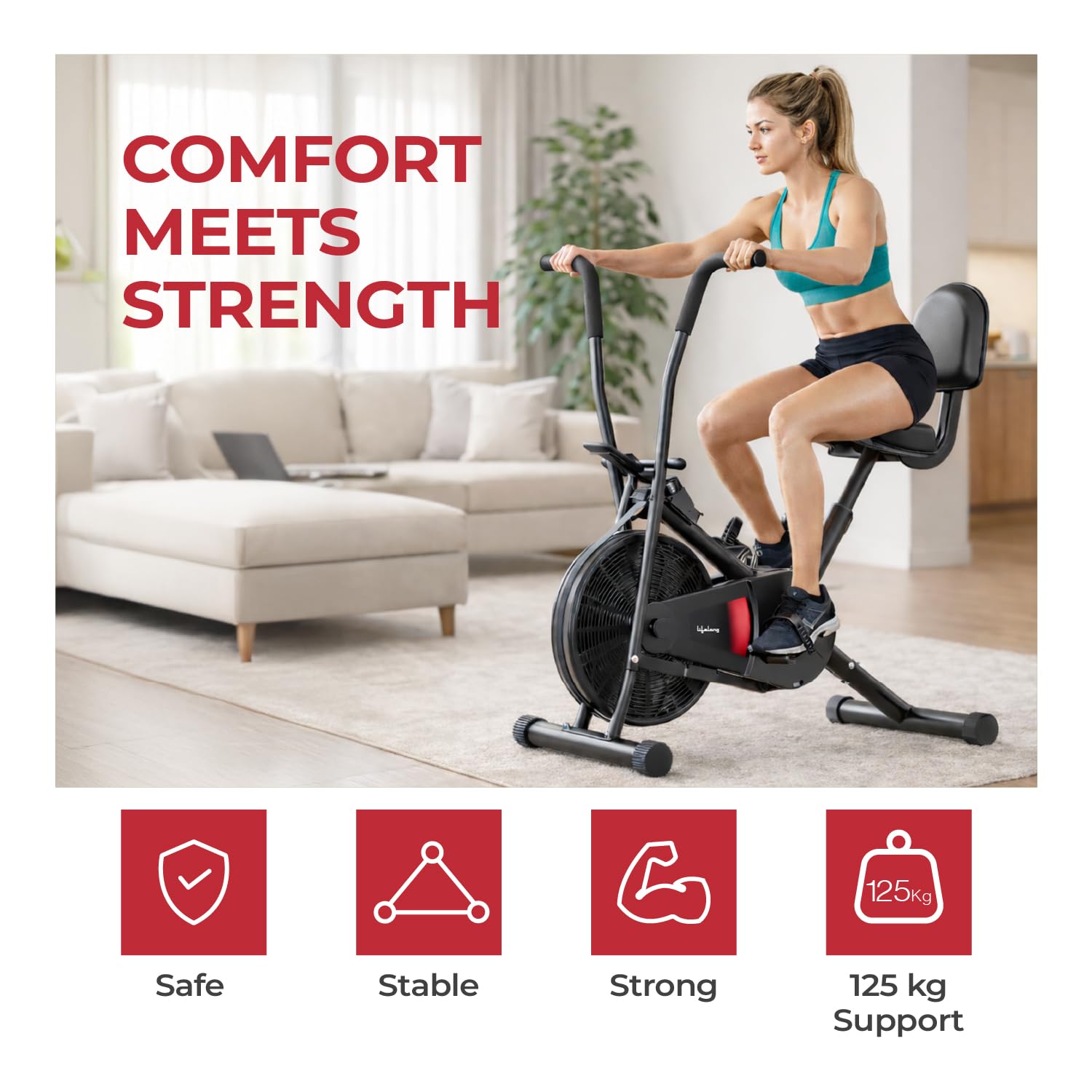 Lifelong Air Bike Exercise Cycle for Home Gym | Dual Action Stationary Cardio Bike for Full Body Workout| Adjustable Cushioned Seat with Backrest |Moving Handles & Anti-Skid Pedals |Max User Weight 125 kg