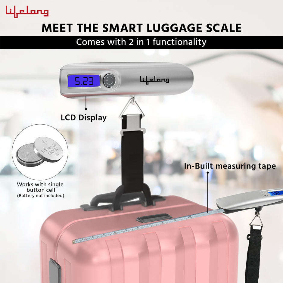 Lifelong Small Weight Machine for Home, Flights, Gas Cylinder, Shop, Travel | Portable Electric Digital Mini Hanging Weighing Scale|Weighing Machine for Luggage 50kg with LCD Display & Measuring Tape