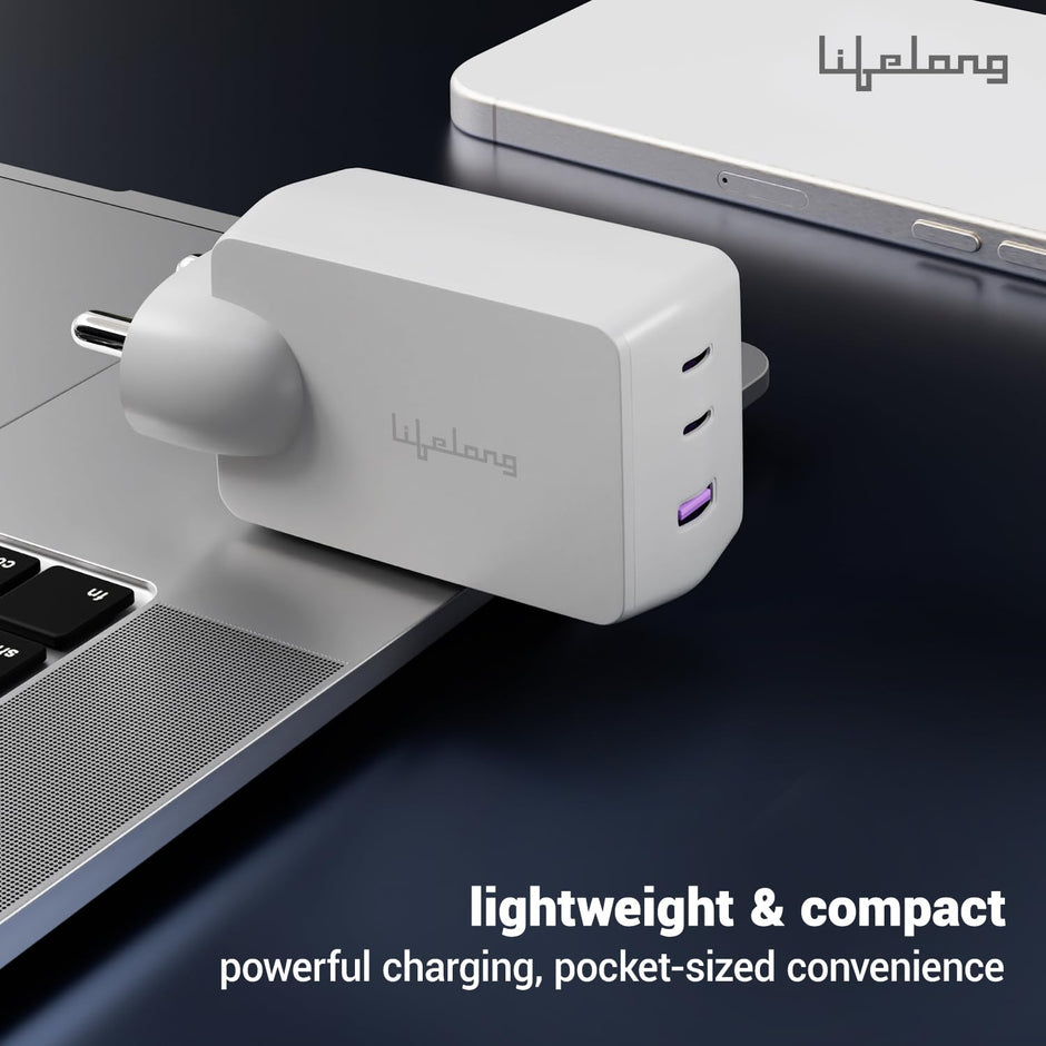 Lifelong 65W GaN Super Fast Wall Charger | 3- Port Output (2 Type C & 1 USB A) Compatible with Laptop (Dell, HP, Lenovo, MacBook), Phones- Samsung, One Plus, Oppo, Mi, Vivo, iPhone, &Tablets (Grey)