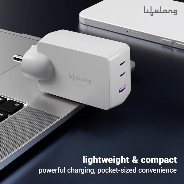 Lifelong 65W GaN Super Fast Wall Charger | 3- Port Output (2 Type C & 1 USB A) Compatible with Laptop (Dell, HP, Lenovo, MacBook), Phones- Samsung, One Plus, Oppo, Mi, Vivo, iPhone, &Tablets (Grey)