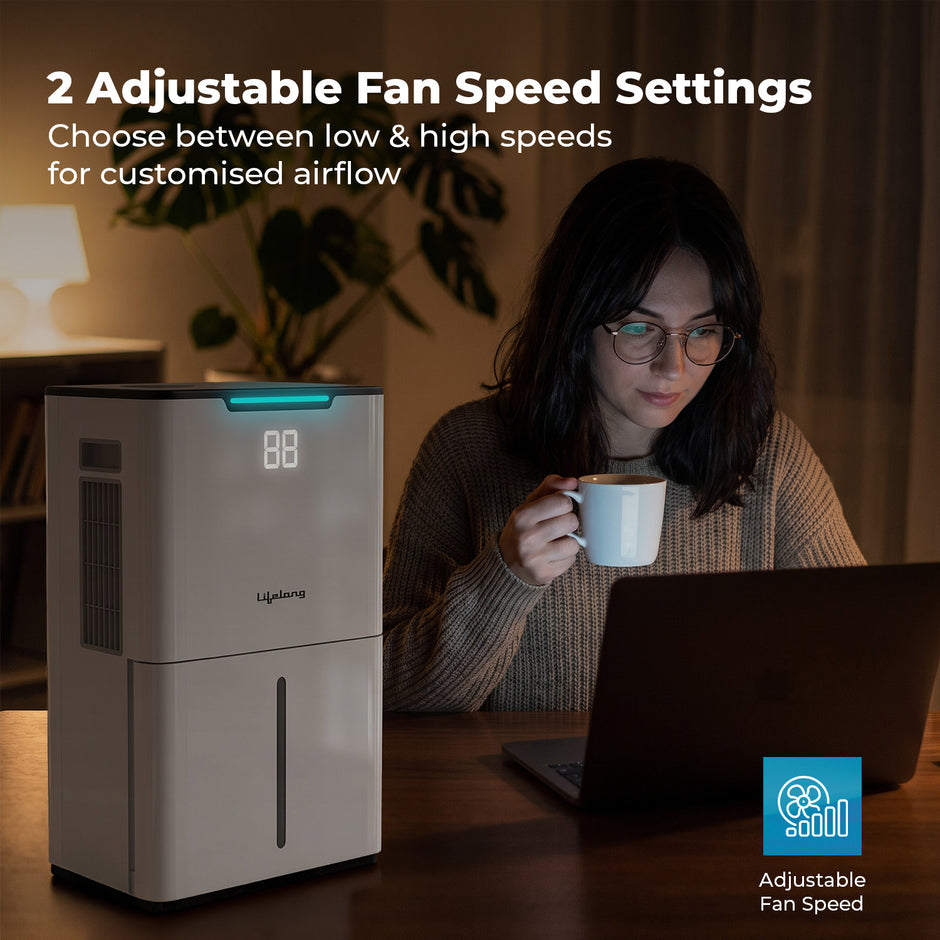Lifelong Dehumidifier for Bedroom, Home, Wardrobe & Car | Portable Moisture Absorber with Intelligent Touch Control, 24-Hour Timer, 2-Speed Fan, Auto Defrost, Humidity Indicator & 180° Wheels