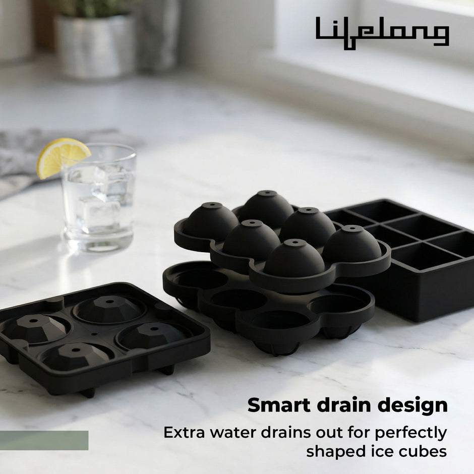 Lifelong Ice Cube Tray - Set of 3 | Silicone Ice Moulds for Freezer | Square, Round & Diamond | Food-Grade, Leakproof, Easy Release | Large Cubes for Cocktails, Yogurt, Ice Cream(-30°C to 280°C)