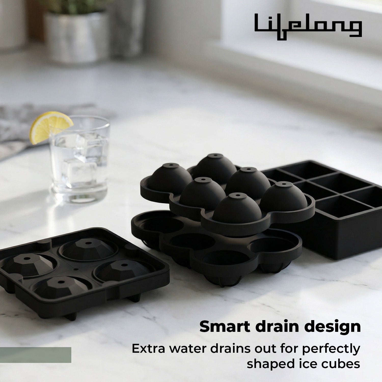 Lifelong Ice Cube Tray - Set of 3 | Silicone Ice Moulds for Freezer | Square, Round & Diamond | Food-Grade, Leakproof, Easy Release | Large Cubes for Cocktails, Yogurt, Ice Cream(-30°C to 280°C)