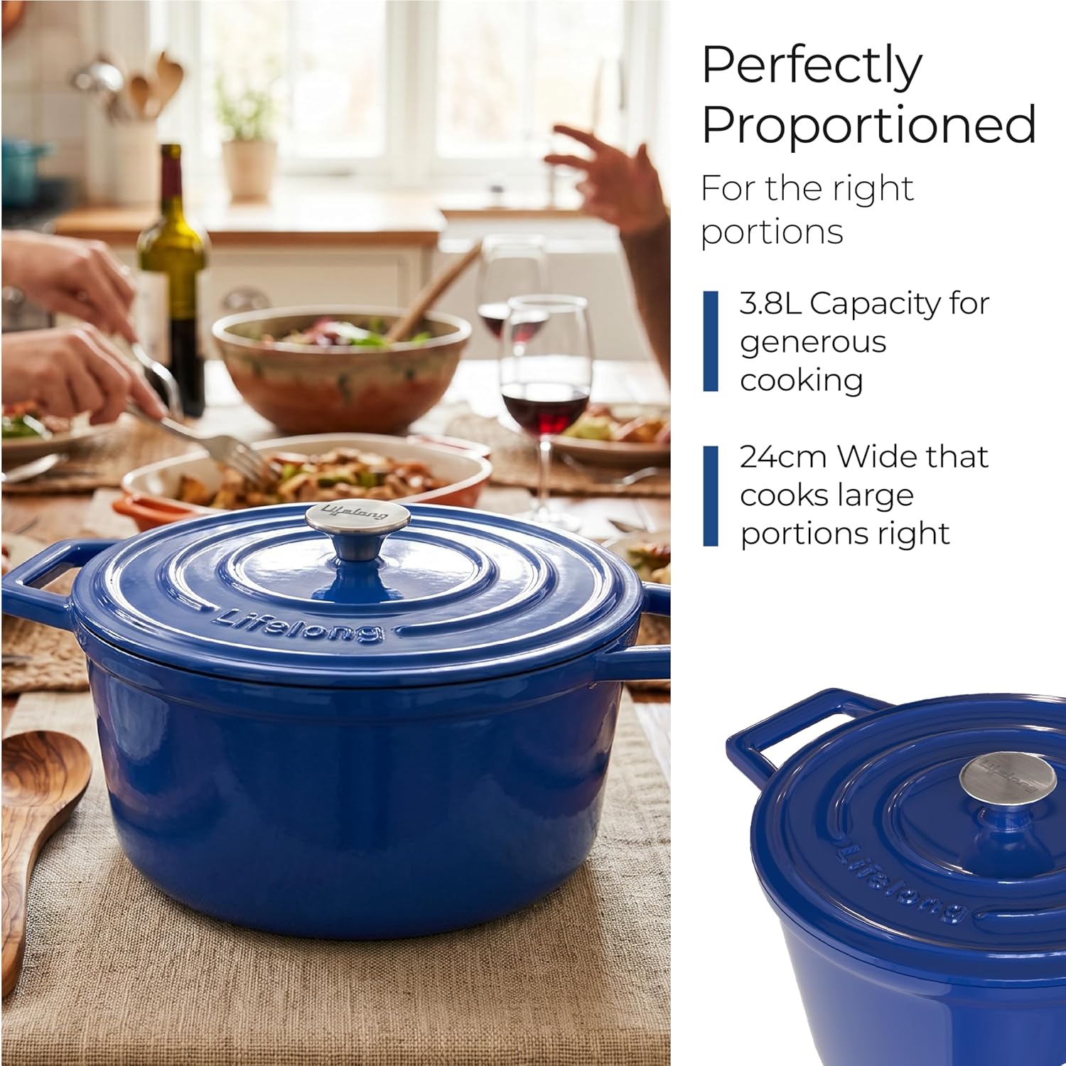 Lifelong Enamel Cast Iron Casserole with Lid (3.8L, 24cm) | Oven, Gas & Induction Compatible | Slow Cooking, Even Heat Distribution, Nontoxic, Durable, Naturally Nonstick, No Stains or Scratch (Blue)