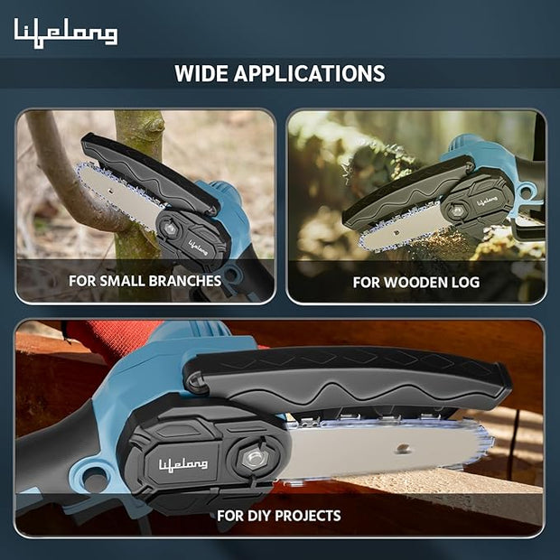 Lifelong Cordless Mini Chainsaw – 21V Battery Powered One-Hand Chainsaw for Wood Cutting, Tree Trimming & Gardening (Lightweight, Portable)