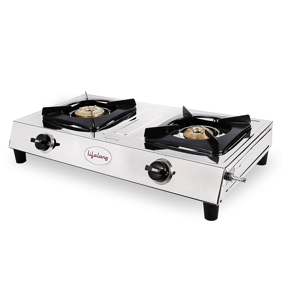 Lifelong LLGS199 Stainless Steel 2 Burner Gas Stove, ISI Certified, Manual Ignition, Silver (1 Year Door-step Warranty)
