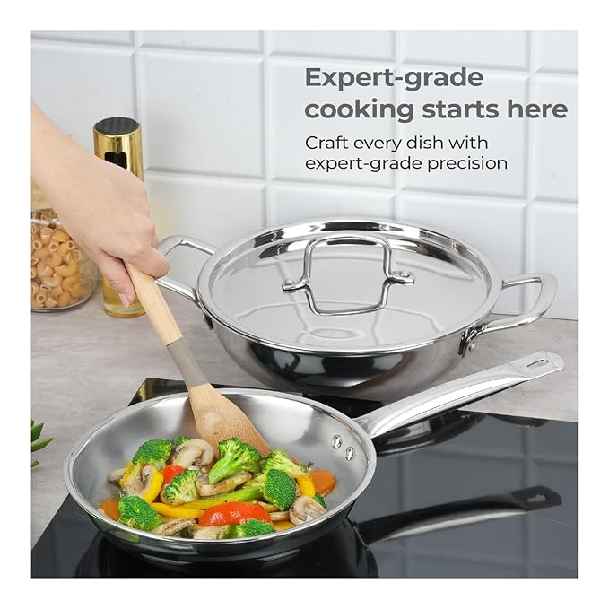 Lifelong Triply Cookware Combo – 24cm Fry Pan (1.5L) & 24cm Kadhai (2.5L) with Steel Lids, Soft Touch Handles, Induction & Gas Compatible (Silver, 2 Pcs)