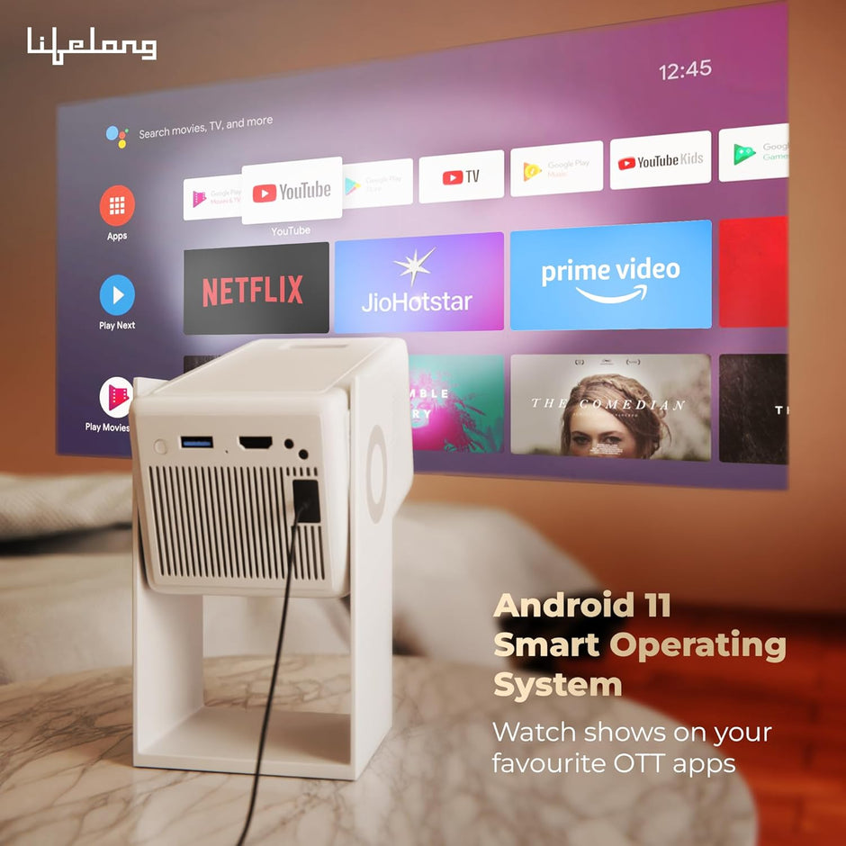 Lifelong Lightbeam 2 Pro Smart Projector – Full HD 1080P, 4K Support, 4000 Lumens, Android OS, Wi-Fi, Bluetooth Remote, HDMI 2.1, 150” Display with Dual Speakers