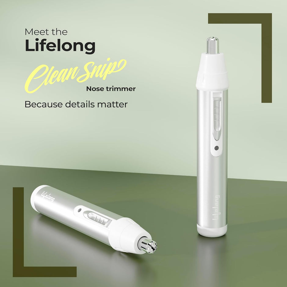 Lifelong Nose Hair Trimmer for Men & Women | Painless Battery-Operated Nose & Facial Hair Trimmer | Stainless Steel Blades | Easy-Clean | 40-Min Runtime (Silver)