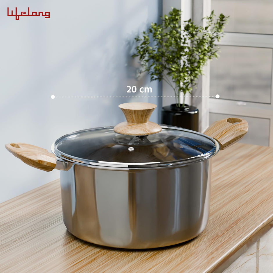 Triply Stainless Steel Sauce Pan with Glass Lid – 20 cm, 3.25L (Silver)