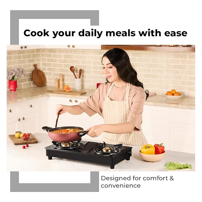 Lifelong 2 Burner Gas Stove with Free Gas Saver – ISI Certified Manual Ignition Glass Top Cooktop, LPG Compatible, Modern Kitchen Design (1 Year Warranty)