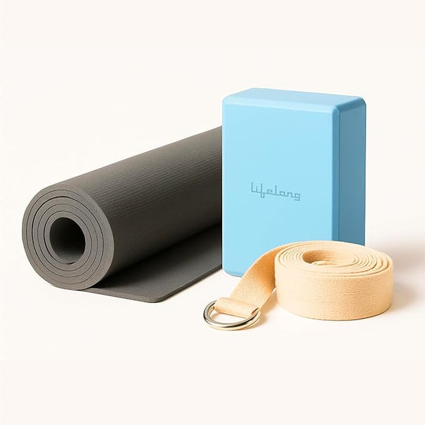 Lifelong Yoga Combo Set of 3 – 4mm Yoga Mat, 6ft Yoga Belt & Yoga Block for Men & Women