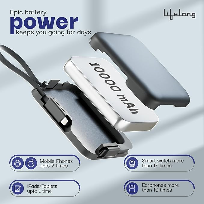 Zap 10000mAh Power Bank - Quick Charge 3.0 | 2 Type-C outputs (22.5W) & Inputs (18W), and a Lightning Cable Output (10W)