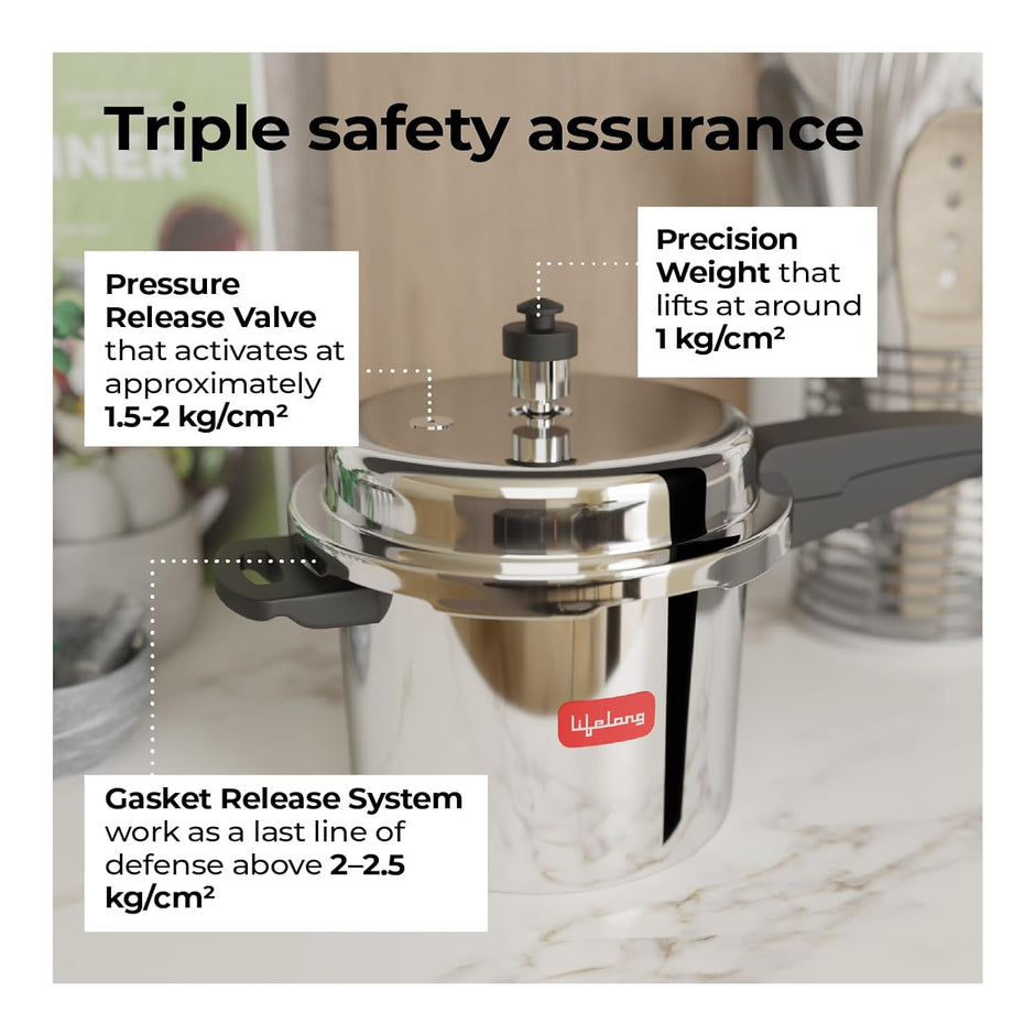 Lifelong Stainless Steel Pressure Cooker – 5 Liters, ISI Certified Outer Lid, Induction & Gas Compatible, Lock System, 5 Year Warranty (Silver)