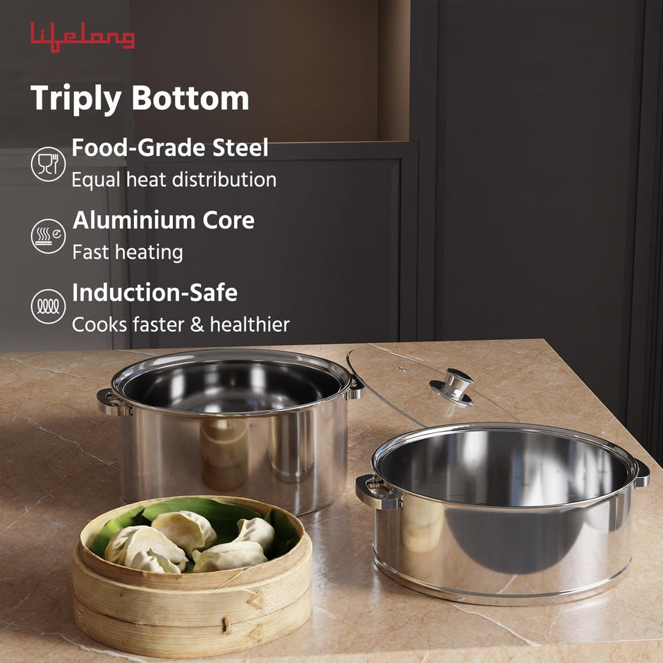 Lifelong 2-Tier Stainless Steel Steamer – 20cm Momo & Modak Maker with Glass Lid, Riveted Handles, Sandwich Bottom, Induction & Gas Compatible