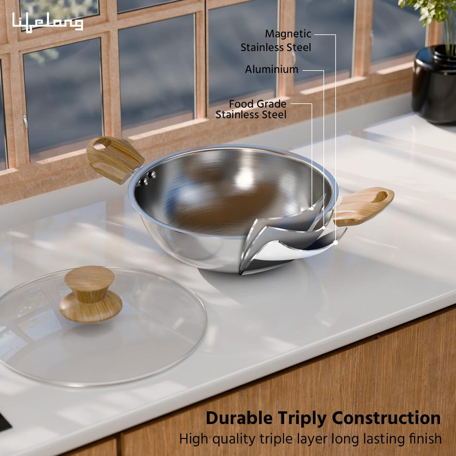 Lifelong TriPly Combo Kadhai with Lid and Roti Tawa for Cooking, Cookware Set Kadai