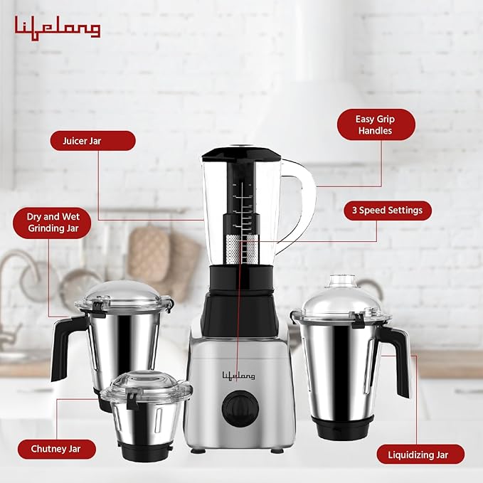 Lifelong 900W Mixer Grinder with 4 Jars & Stainless Steel Blades (Black)