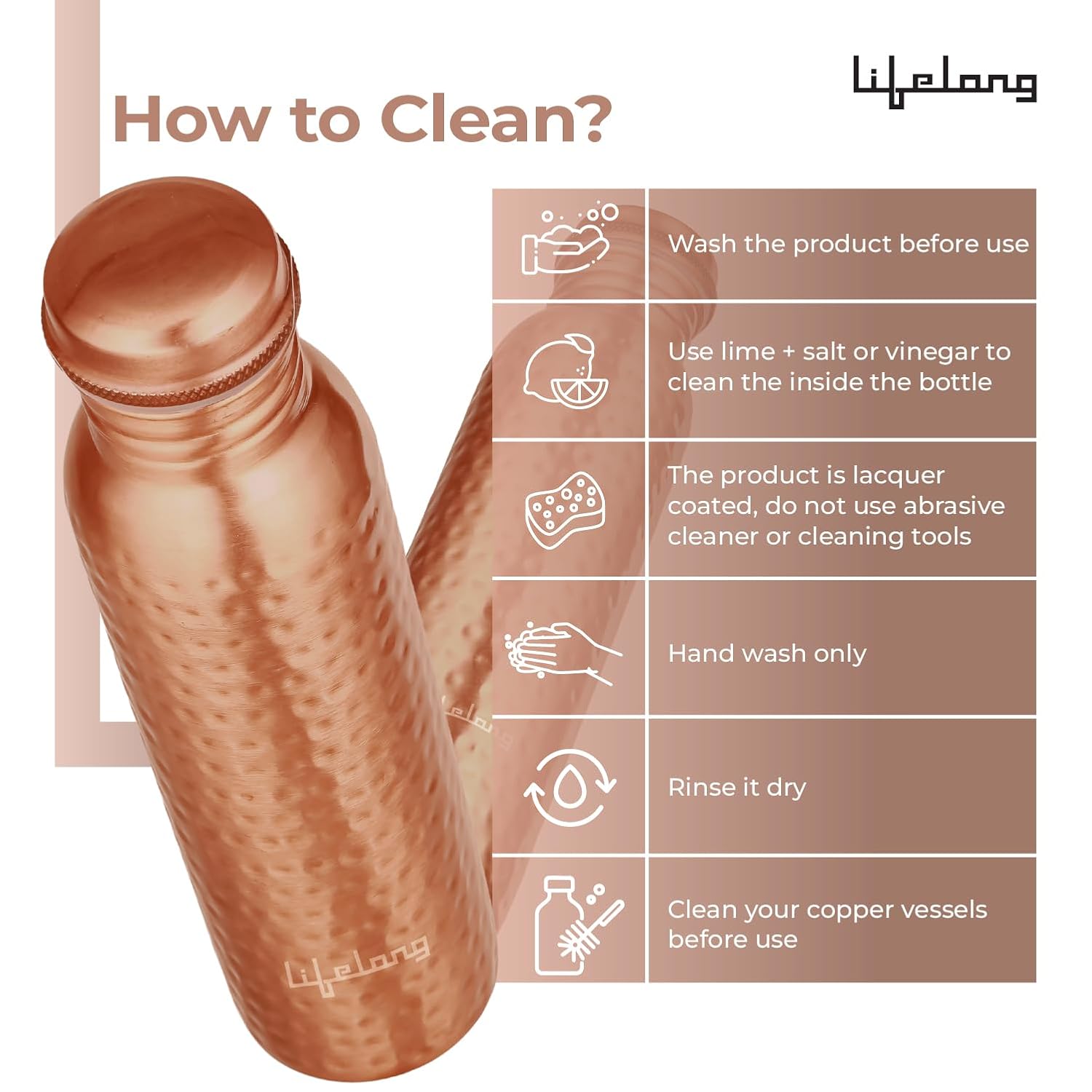 Lifelong 900 ml Copper Water Bottle | Natural alkaline water | Leakproof & Lightweight Design Boosts Immunity | Anti-Bacterial, BPA Free, Easy to Clean with Secure Cap for School, Travel, Gym & Work LLCBH02