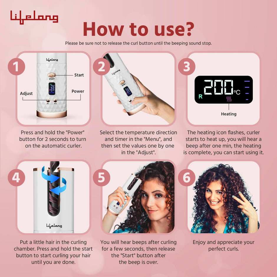 Lifelong Automatic Hair Curler | Cordless, Rechargeable & Adjustable Heat Styling Tool